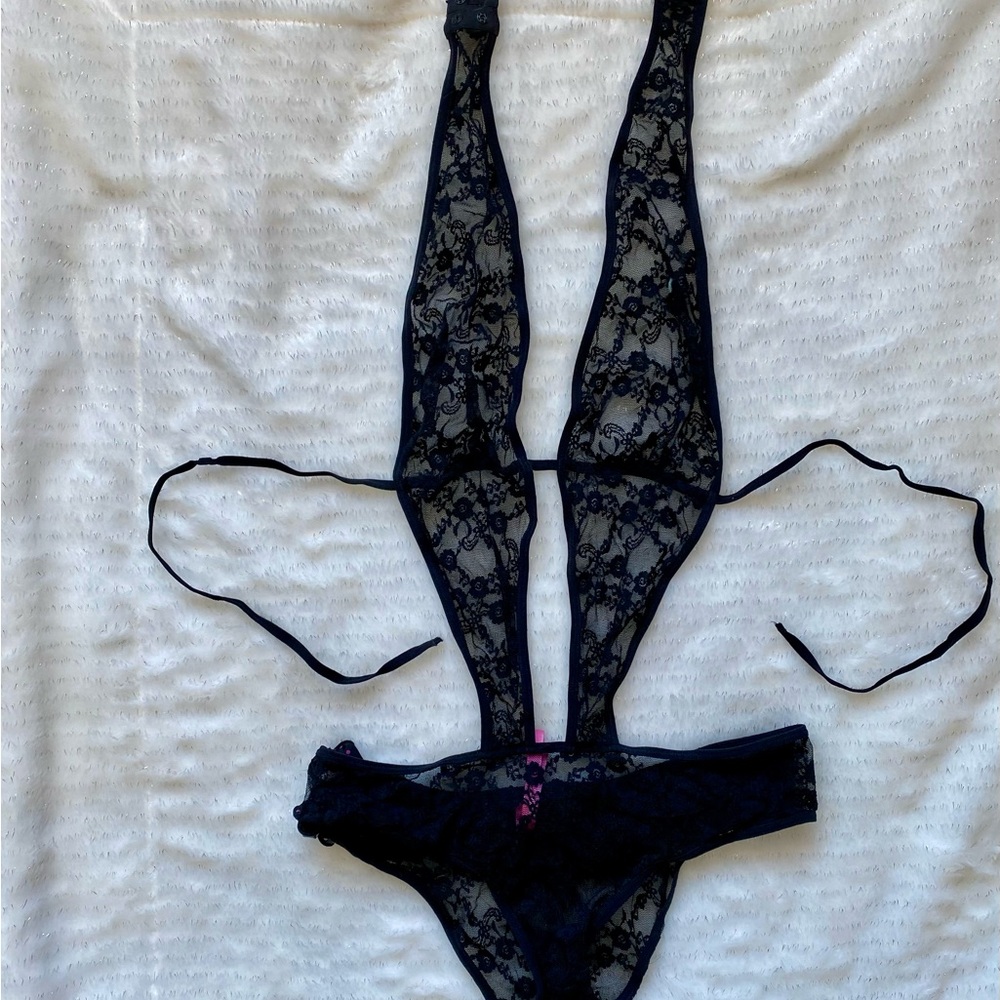 Black and Pink Lace Chemise with Plunging Neckline